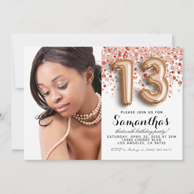 Convites 13 Birthday Confetti Rosa-Retrato Dourado (Frente)