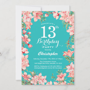 Convites 13 Birthday Floral Rosa Flor Rosa Flor Fundo Teal