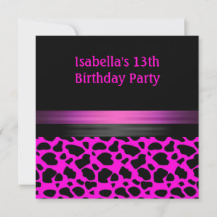 Convites 13 Birthday Fuschia Pink Black Animal Standard