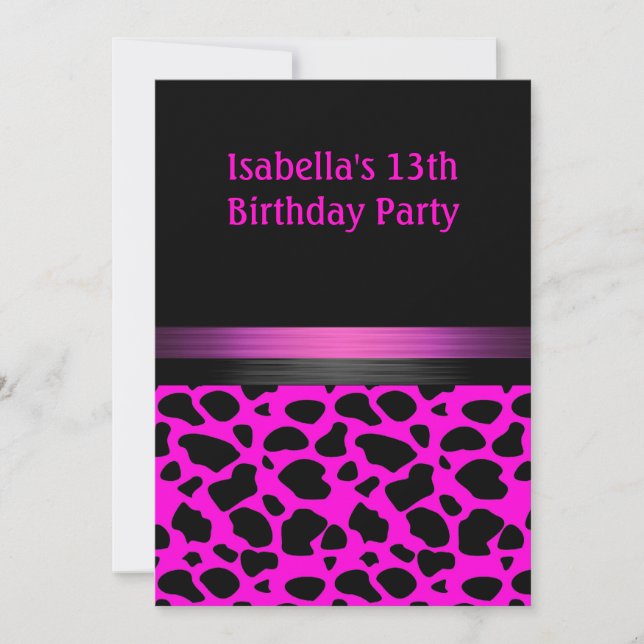 Convites 13 Birthday Fuschia Pink Black Animal Standard (Frente)