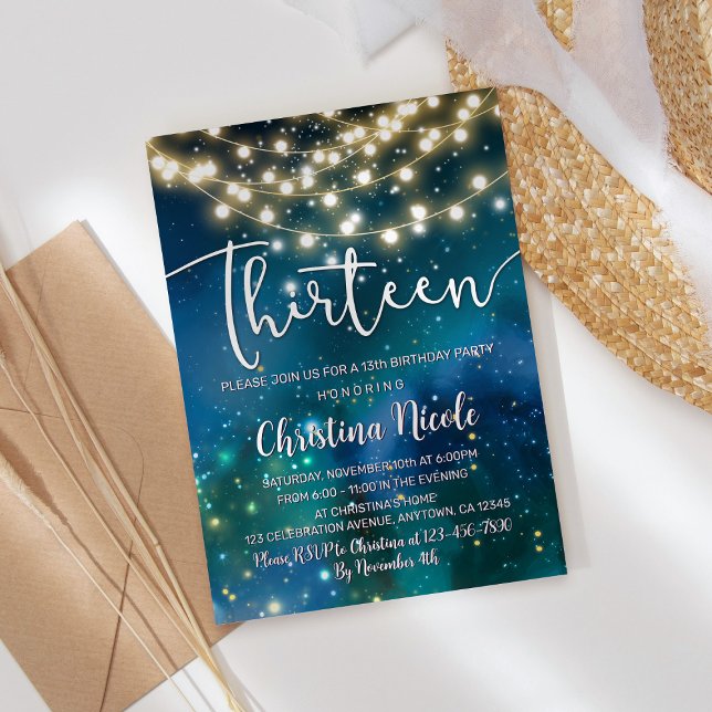 Convites 13 Birthday Galaxy Turquoise Azul Verde (Criador carregado)