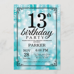 Convites 13 Birthday - Glitter Teal