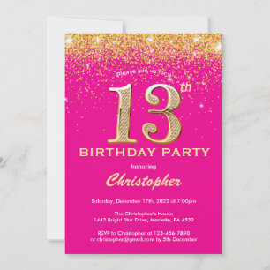 Convites 13 Birthday Hot Pink e Dourado Glitter Confetti