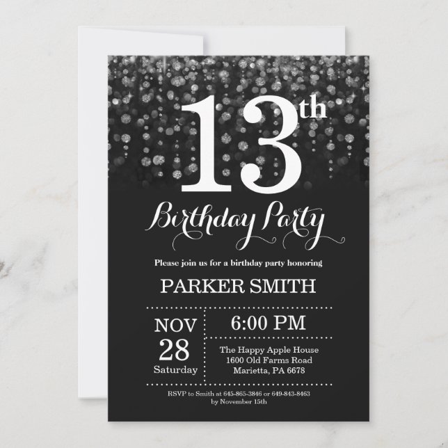Convites 13 Birthday Invitation Silver Glitter (Frente)