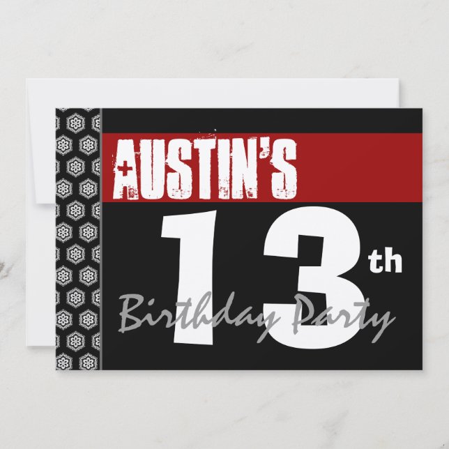 Convites 13 Birthday Modern Para Ele Preto Branco Vermelho  (Frente)