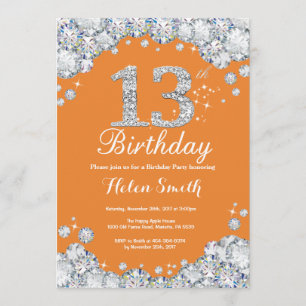 Convites 13 Birthday Orange and Silver Diamond