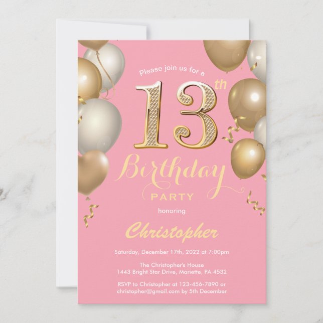 Convites 13 Birthday Pink e Dourado Balões Confetti (Frente)