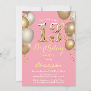 Convites 13 Birthday Pink e Dourado Balões Confetti