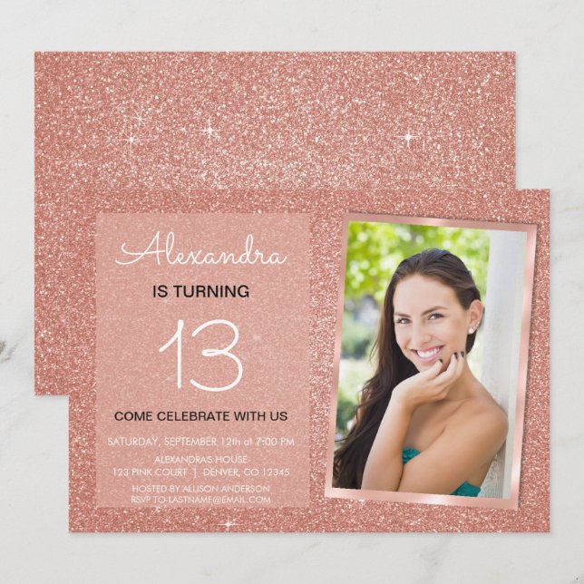 Convites 13 Birthday Sparkle Rosa Dourado Blush Foto Rosa R (Frente/Verso)