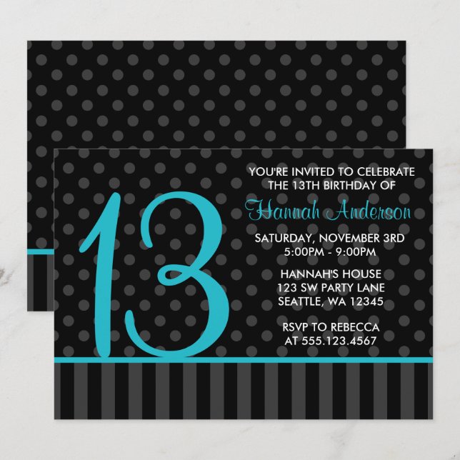 Convites 13 Birthday Teal Blue Bolinhas Strips (Frente/Verso)