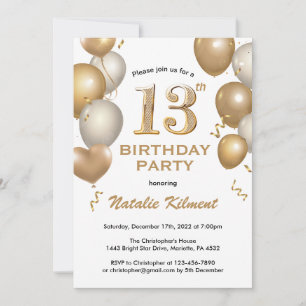 Convites 13 Birthday White e Dourado Balões de Leve