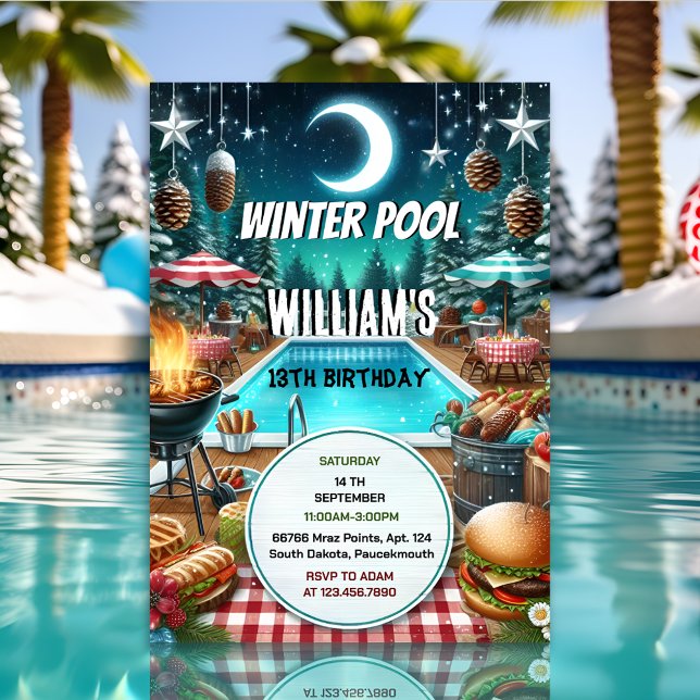 Convites 13 de aniversário da Festa de Piscina de inverno d (Criador carregado)