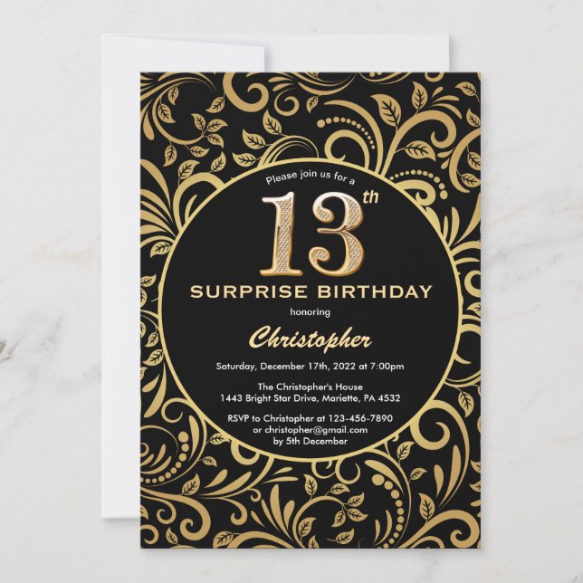 Convites 13 de Aniversário Negro e Dourado (Frente)
