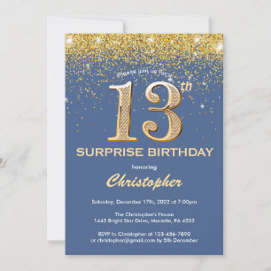 Convites 13 de Aniversário Surpresa Azul e Glitter Dourado