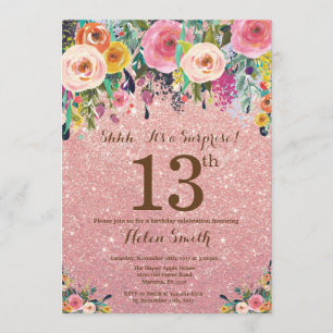 Convites 13 de Surpresa Floral com rosa Dourada Glitter Ani
