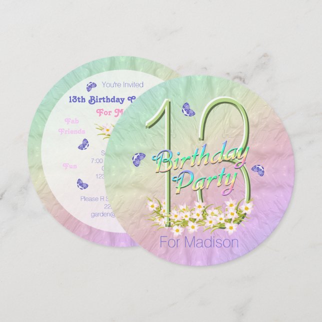 Convites 13 Festa de aniversário Arco-Íris Borboletas Convi (Frente/Verso)