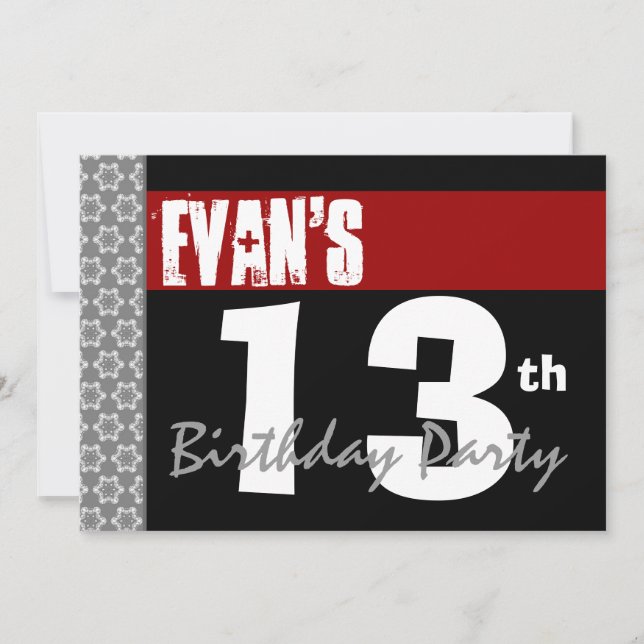 Convites 13 Festa de aniversário Vermelho Moderno Preto e B (Frente)