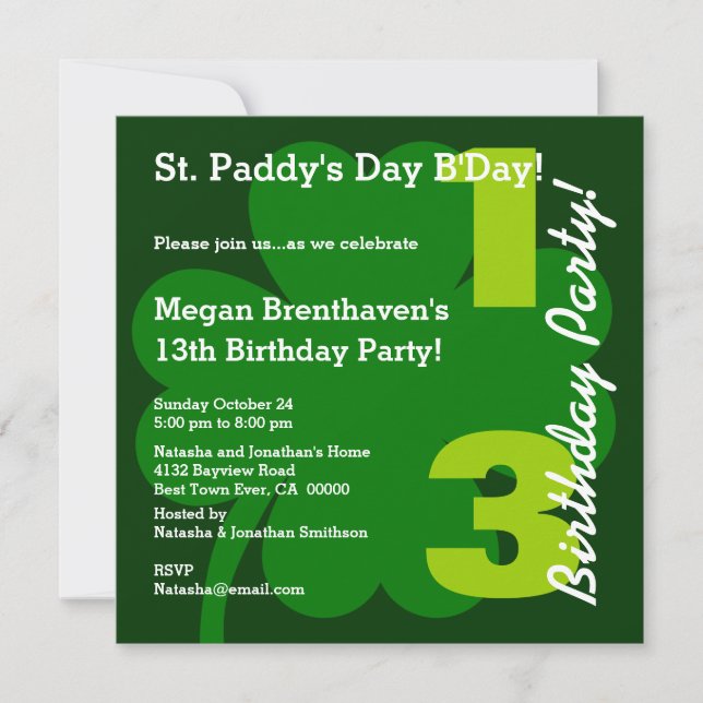 Convites 13 PROMO5 Teen RUA PATRICK Birthday Shamrock (Frente)
