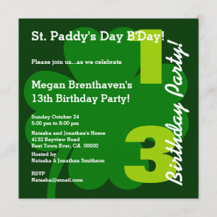 Convites 13 PROMO5 Teen RUA PATRICK Birthday Shamrock