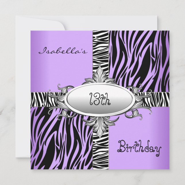 Convites 13 Teen Birthday Zebra Púrpura Selvagem Negra (Frente)