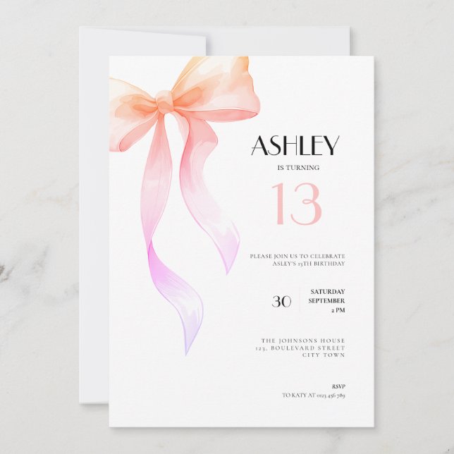 Convites 13th Birthday Invitation Pink Bow for Girls (Frente)
