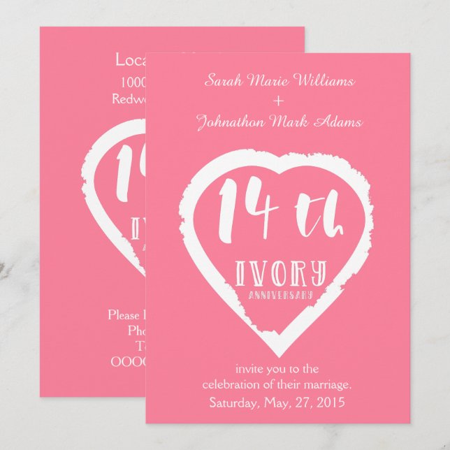 Convites 14º aniversário de casamento tradicional marfim (Frente/Verso)