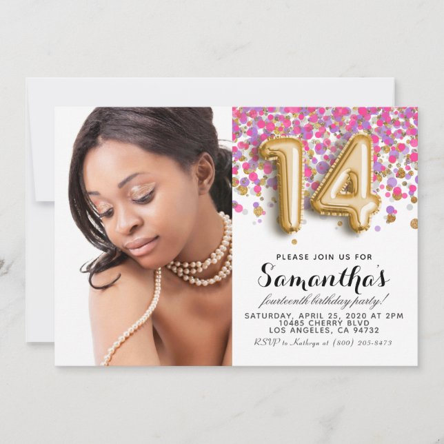 Convites 14 Birthday Confetti Dourado Retrato (Frente)