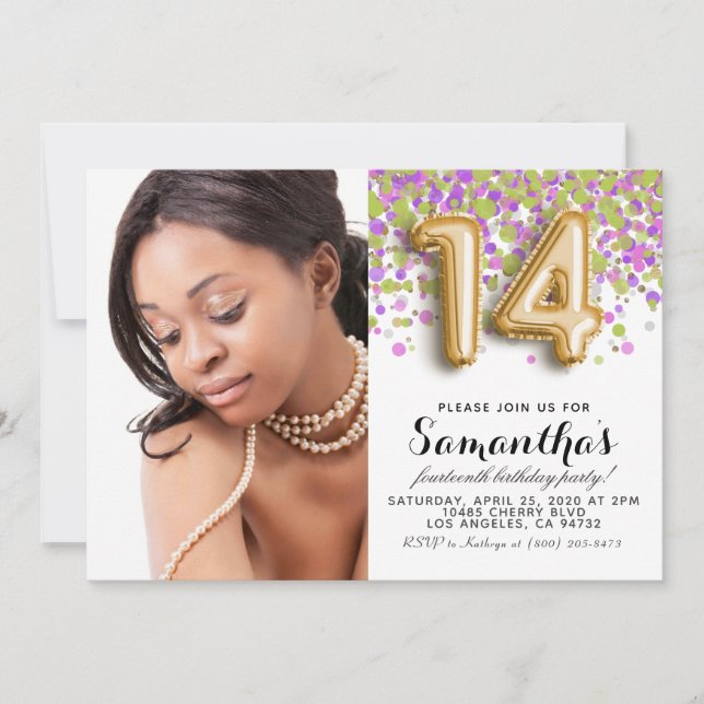 Convites 14 Birthday Confetti Dourado Retrato (Frente)