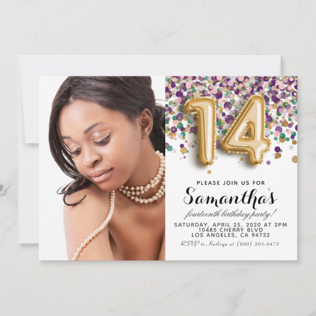 Convites 14 Birthday Confetti - Retrato Dourado (Frente)