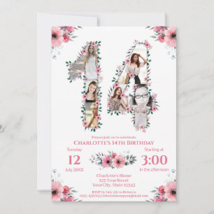 Convites 14 Birthday Girl Foto Collage Pink Flower White