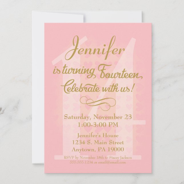 Convites 14 de Aniversário Chamando Raparigas Rosa Dourado  (Frente)