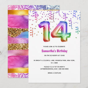 Convites 14 de aniversário do arco-íris reluz festas colori