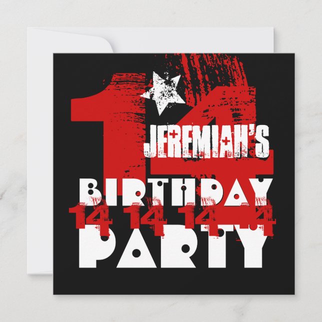 Convites 14 Festa de aniversário Grunge RED e BLACK Z14A1 (Frente)