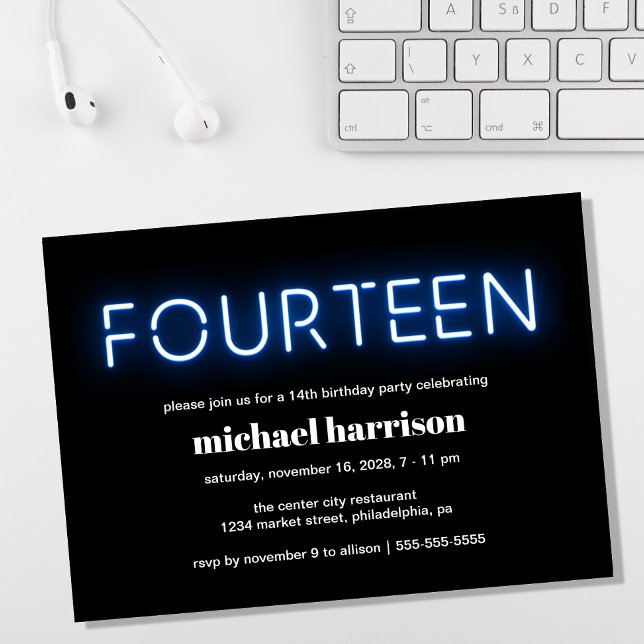 Convites 14 Festa de aniversário Luzes azuis de neon (Criador carregado)
