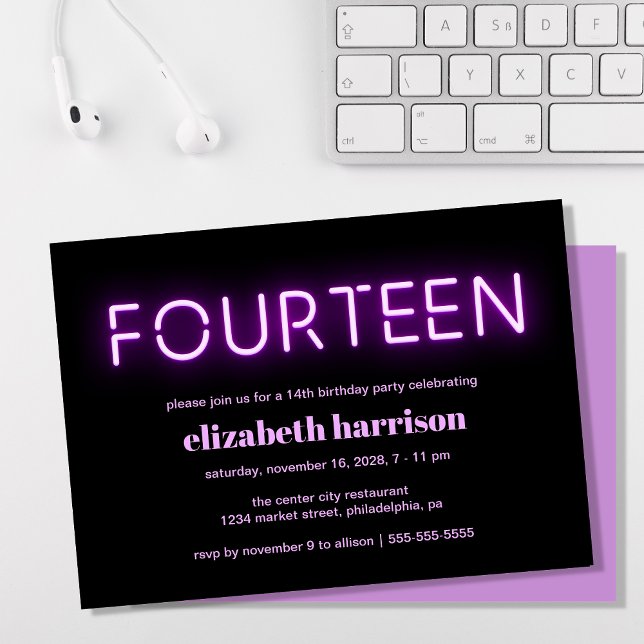 Convites 14 Festa de aniversário Luzes de neon roxas (Criador carregado)