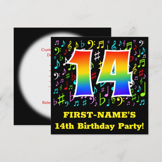 Convites 14 Festa de aniversário: Símbolos Musicais Diverti (Frente/Verso)