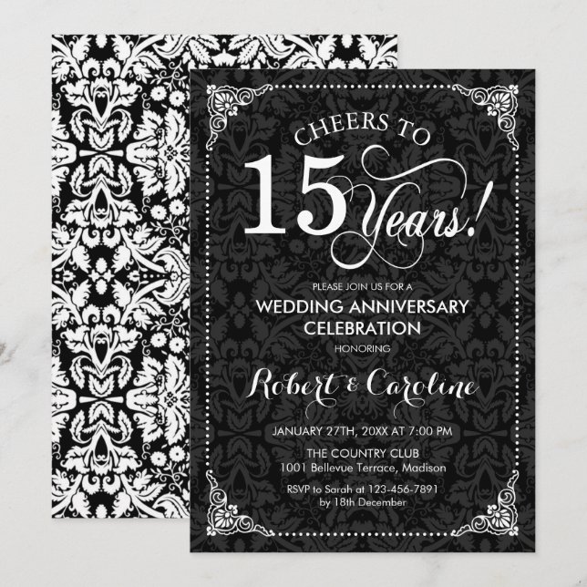 Convites 15º Aniversário de Casamento - Damask Preto Branco (Frente/Verso)
