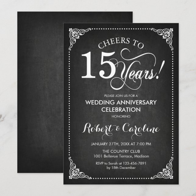 Convites 15º Aniversário de Casamento - Quadro Negro Branco (Frente/Verso)