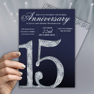 Convites 15º Aniversário Diamante Prata Azul Escuro Anos