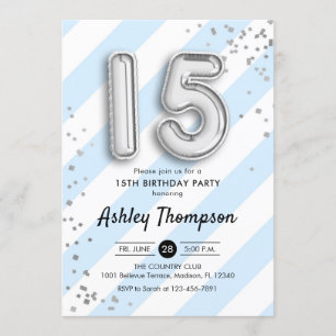Convites 15 Aniversário - Balões de Prata com Stripes Azuis