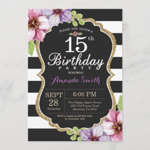 Convites 15 Aniversário de Mulheres. Preto Dourado Floral