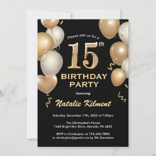 Convites 15 Birthday Black and Dourado Glitter Balloons