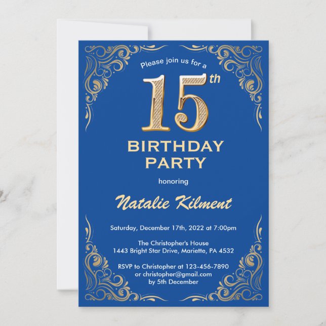 Convites 15 Birthday Blue e Dourado quadro Glitter (Frente)