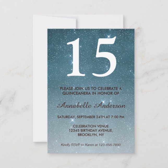 Convites 15 Birthday Blue Midnight Sky Stars Quinceañera (Frente)
