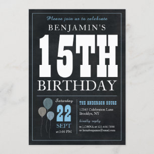 Convites 15 Birthday Chalkboard Blue Balloon Russo Chic
