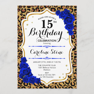 Convites 15 Birthday - Impressão Azul Real Dourada sobre Le