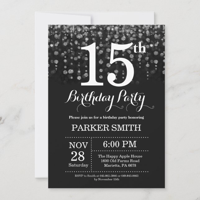 Convites 15 Birthday Invitation Silver Glitter (Frente)