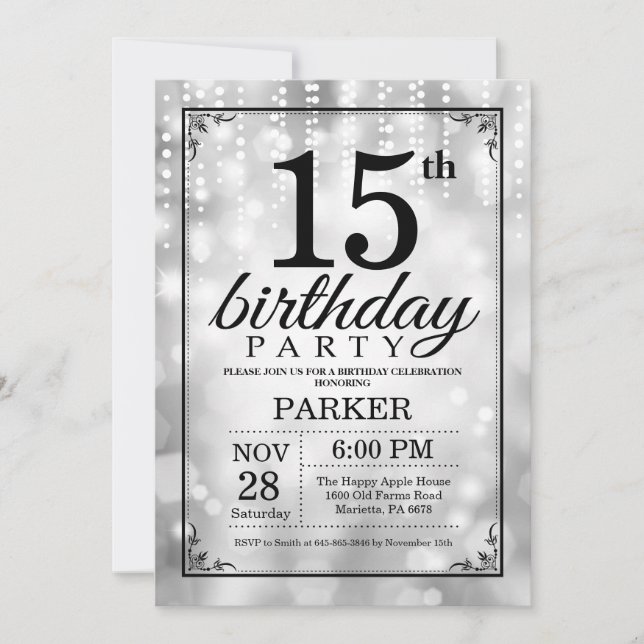 Convites 15 Birthday Invitation Silver Glitter (Frente)