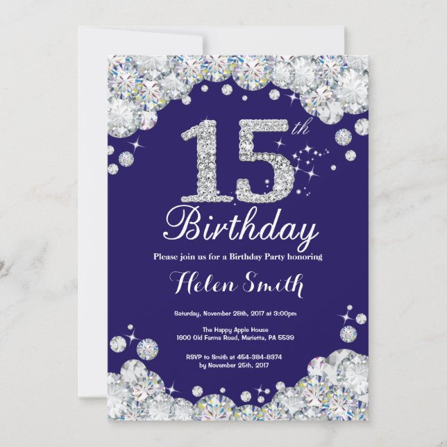 Convites 15 Birthday Marinho Blue e Silver Diamond (Frente)