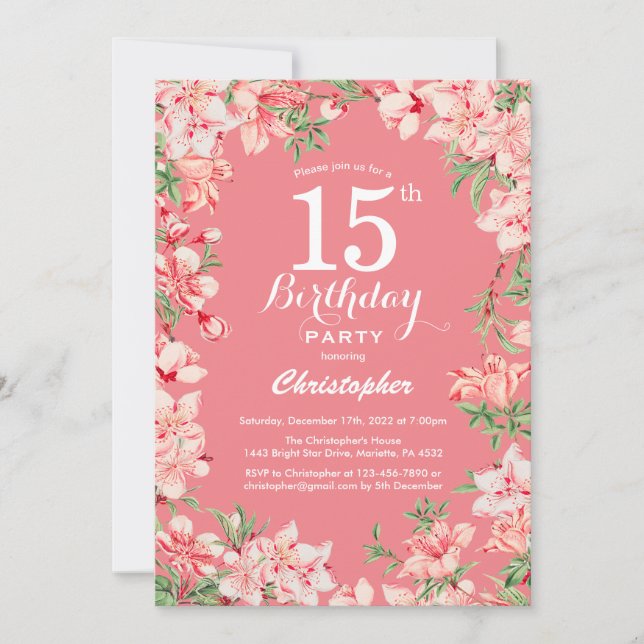 Convites 15 Birthday Pink Boho Flor Botânico (Frente)